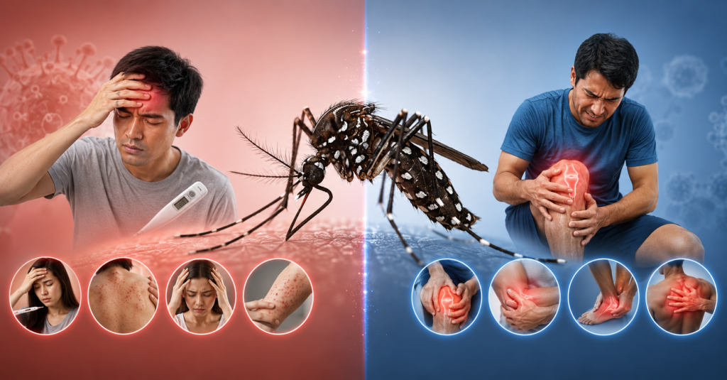 Doctor explaining the difference between dengue and chikungunya symptoms caused by Aedes mosquito bites