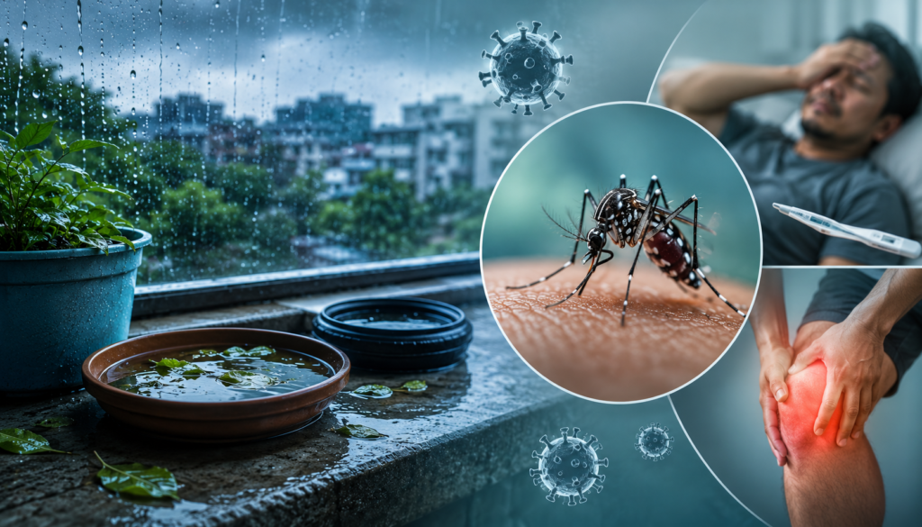 Aedes mosquito breeding in stagnant water near a house, highlighting the cause of dengue fever