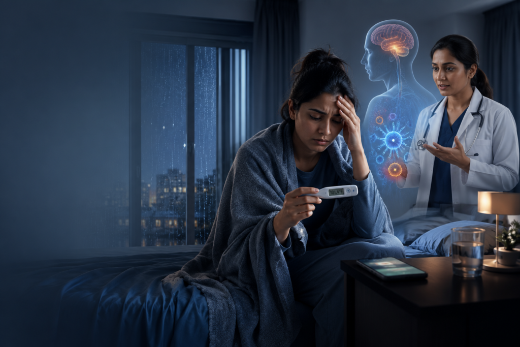 Young woman checking a thermometer at night while experiencing fever symptoms as her immune system responds to infection.