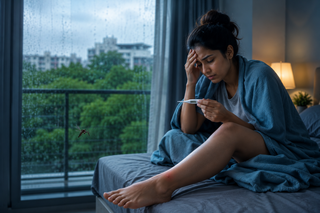 Young Indian woman with high fever after an Aedes mosquito bite during the monsoon season.