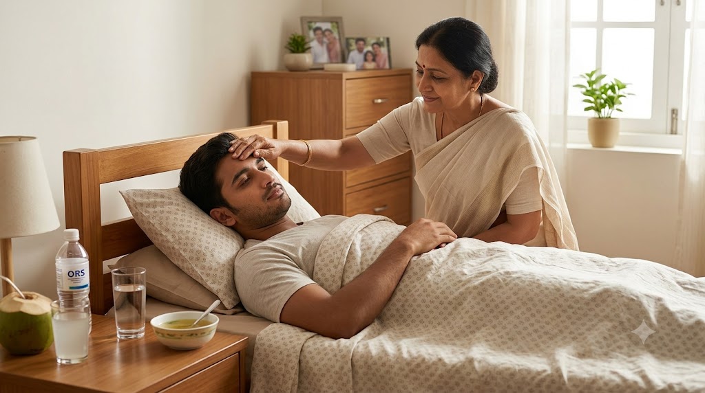 Young man resting at home while recovering from dengue fever with hydration and family care