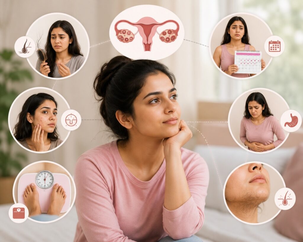 Woman consulting a gynecologist about early symptoms of PCOS including irregular periods, acne, and weight gain.
