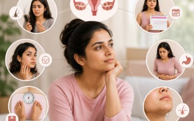 Woman consulting a gynecologist about early symptoms of PCOS including irregular periods, acne, and weight gain.