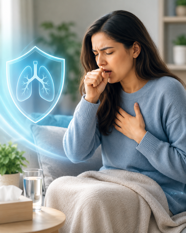 Woman experiencing a persistent cough with a lung protection illustration, highlighting the importance of early diagnosis for respiratory health.