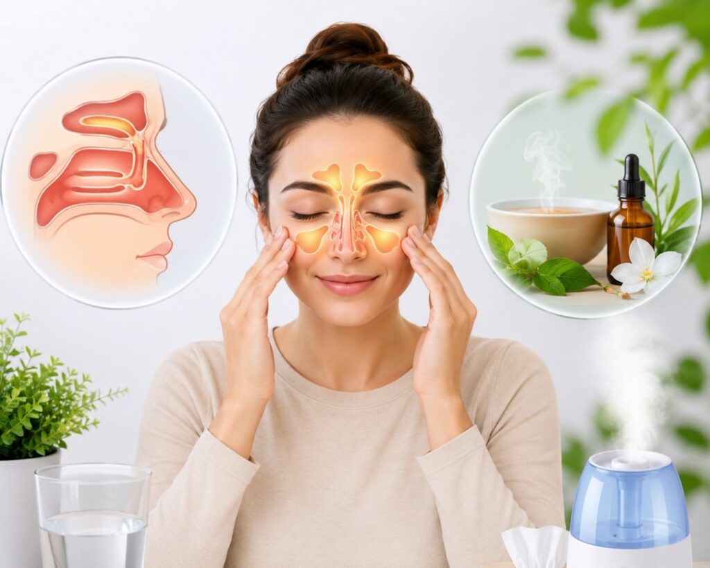 Woman gently massaging her sinuses with an illustration of inflamed sinuses, representing sinus infection symptoms and treatment.