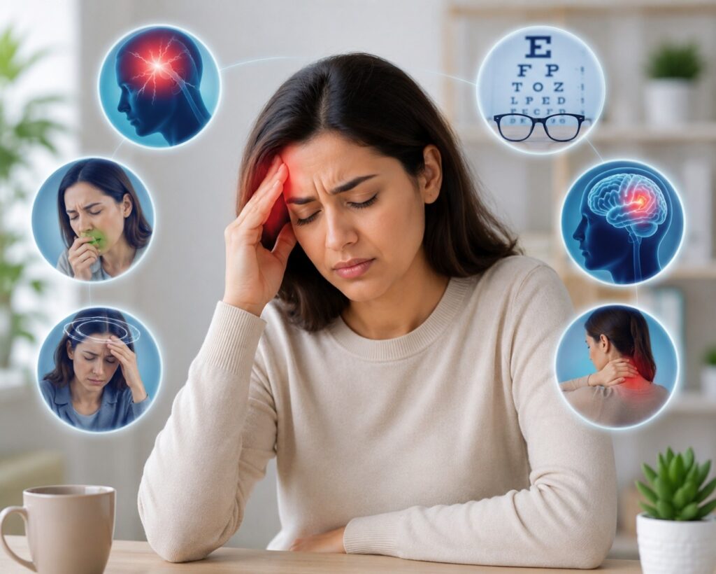Woman holding her head with severe headache while illustrations show migraine, vision changes, dizziness, and neurological symptoms.