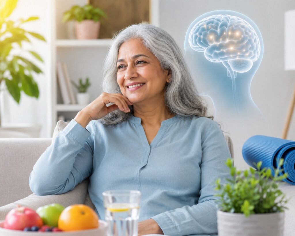 Older woman with a brain illustration highlighting stroke awareness and the importance of recognizing early stroke symptoms.