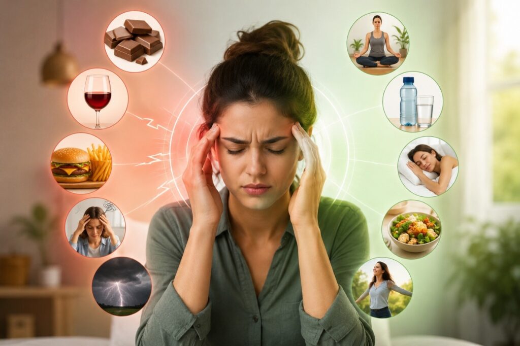 Woman experiencing a migraine with illustrations of common migraine triggers and healthy lifestyle habits for migraine prevention.