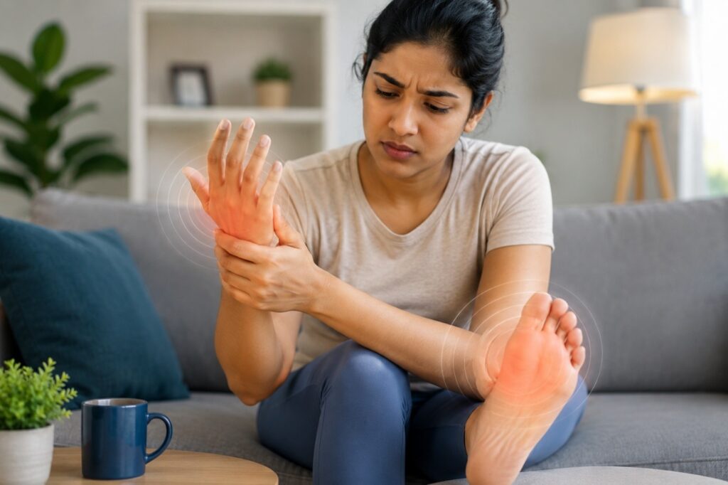 Woman experiencing numbness and tingling in her hand and foot, highlighting common nerve-related symptoms and the need for medical evaluation.