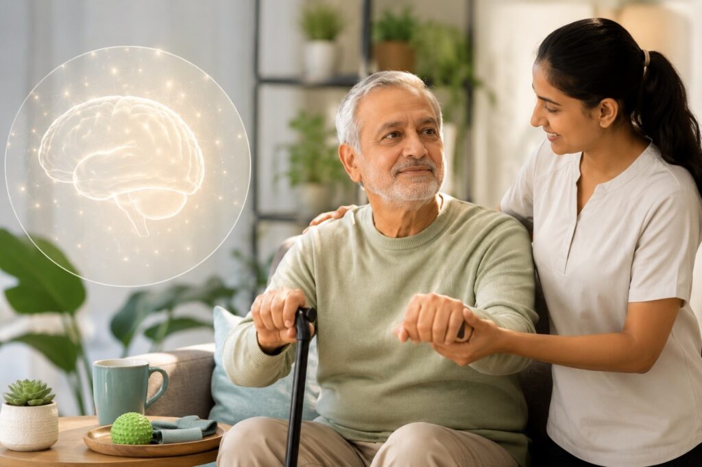 Elderly man using a walking stick with caregiver support, representing the early signs and management of Parkinson's disease.