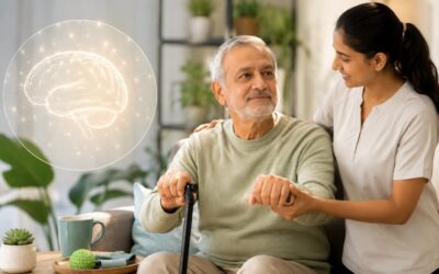 Elderly man using a walking stick with caregiver support, representing the early signs and management of Parkinson's disease.