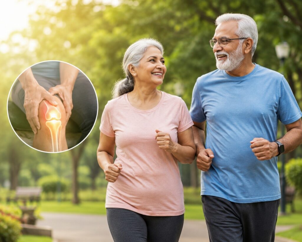Older adults staying active while highlighting joint pain in the knee and the importance of joint health.