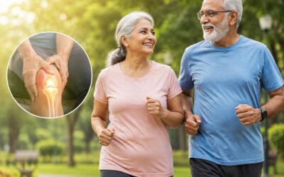 Older adults staying active while highlighting joint pain in the knee and the importance of joint health.
