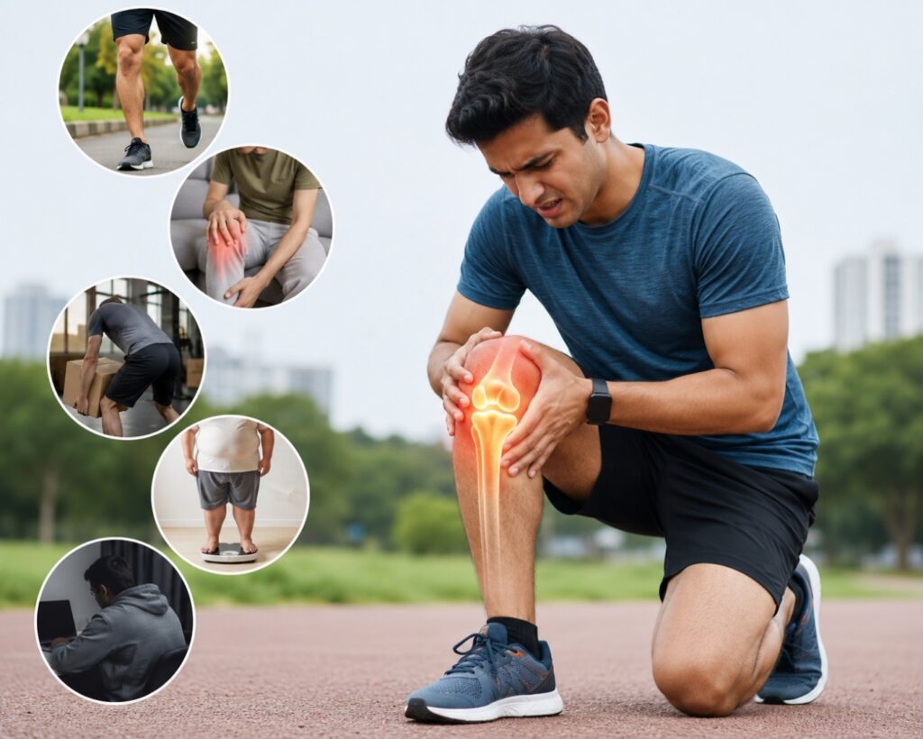 Young adult experiencing knee pain while exercising, highlighting common causes of knee pain and joint injuries.