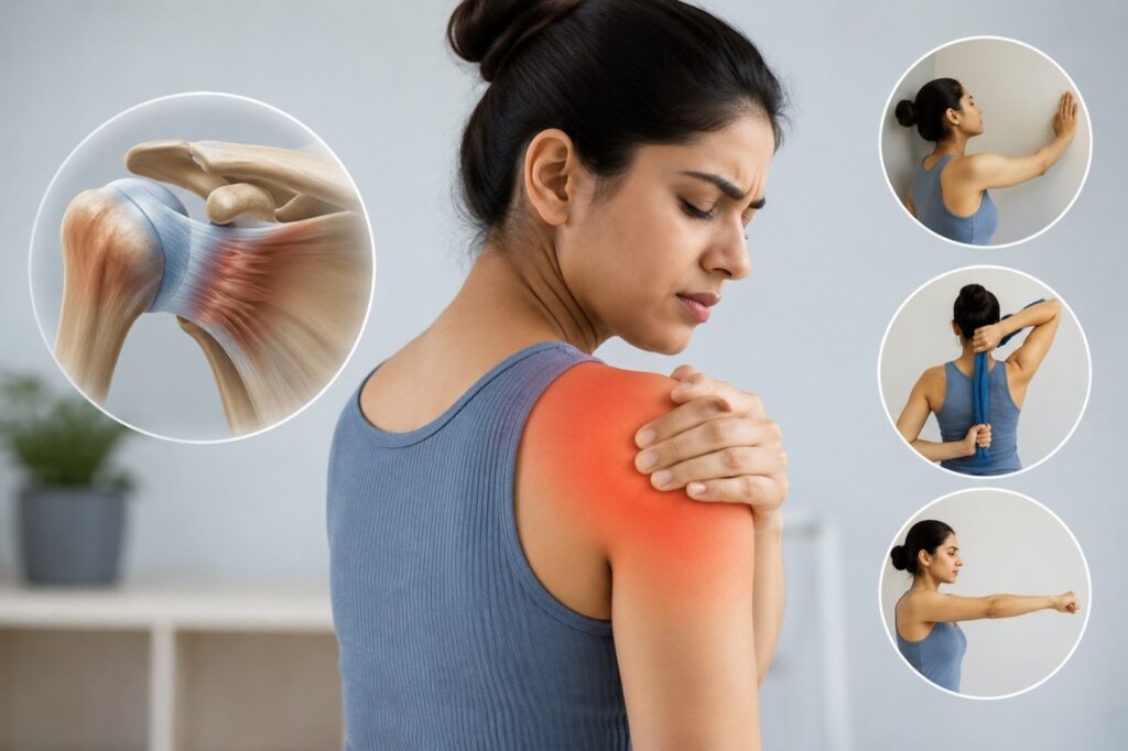 Woman experiencing shoulder pain and stiffness, highlighting frozen shoulder symptoms and recovery exercises.