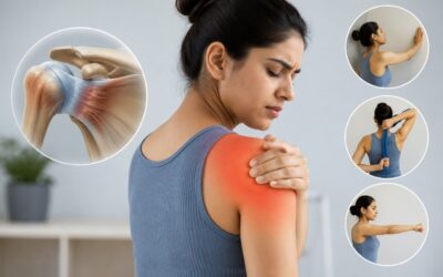 Woman experiencing shoulder pain and stiffness, highlighting frozen shoulder symptoms and recovery exercises.