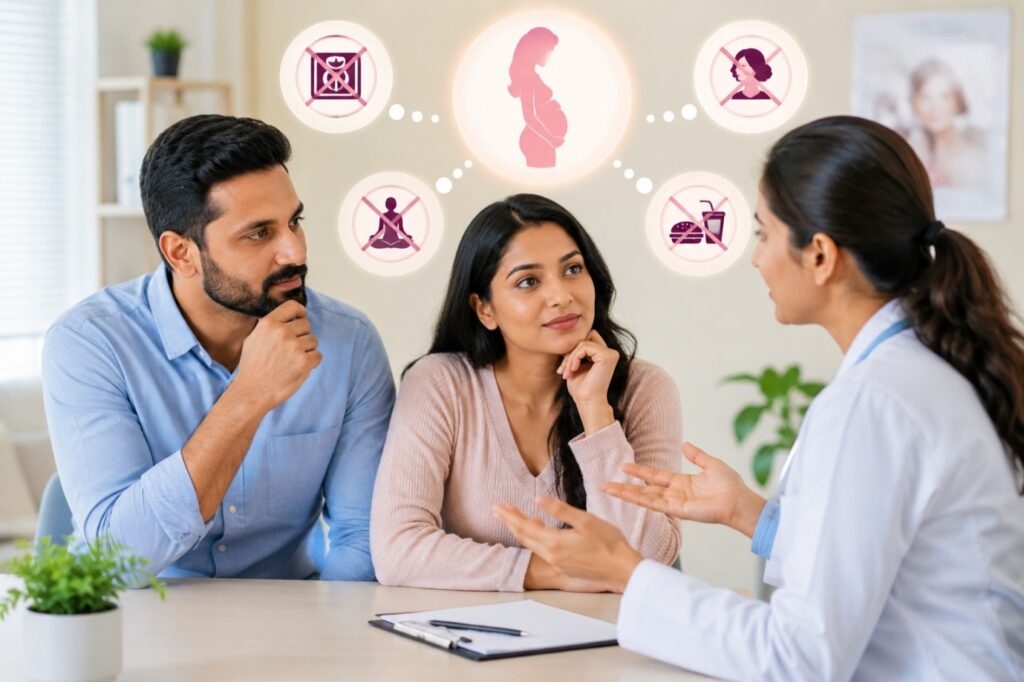 Couple consulting a fertility specialist to understand infertility myths, causes, diagnosis, and treatment options.