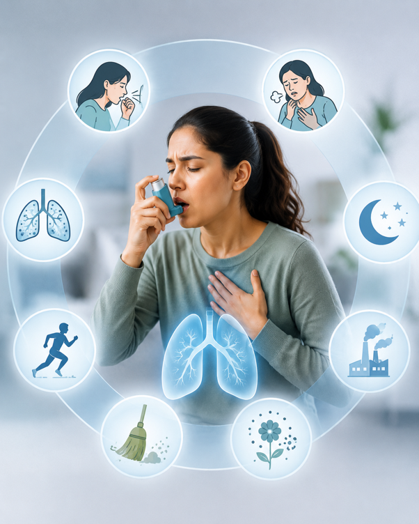 Woman using an asthma inhaler with illustrations showing common asthma symptoms and triggers, including coughing, wheezing, allergies, pollution, and shortness of breath.