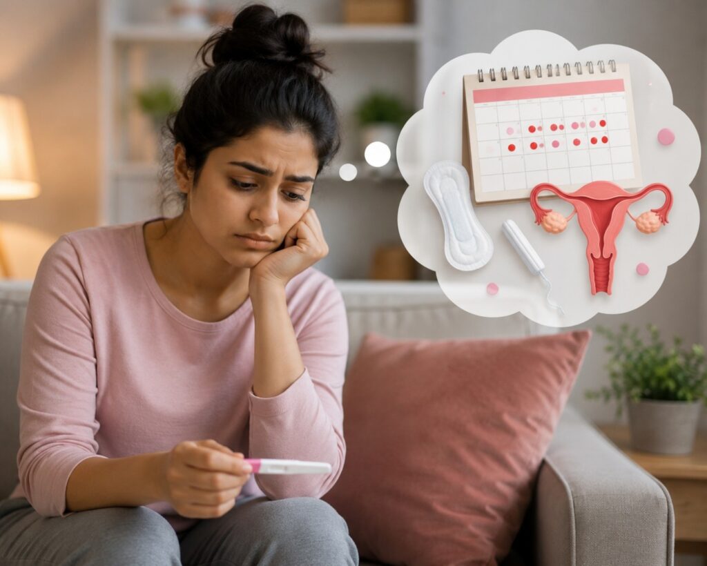 Woman consulting a gynecologist about irregular periods, menstrual cycle changes, and reproductive health concerns.