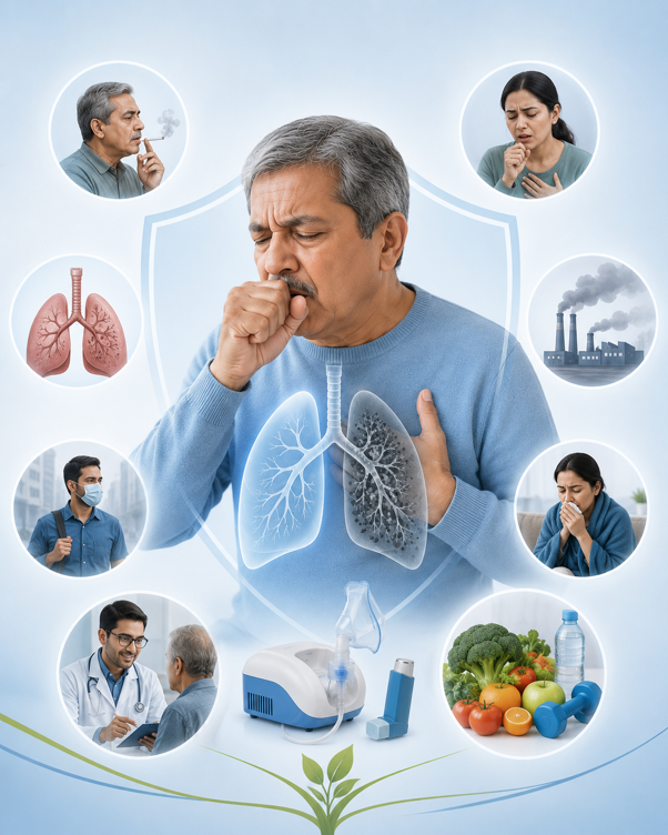 Person experiencing breathlessness with lungs highlighted, representing Chronic Obstructive Pulmonary Disease (COPD) symptoms and respiratory care.