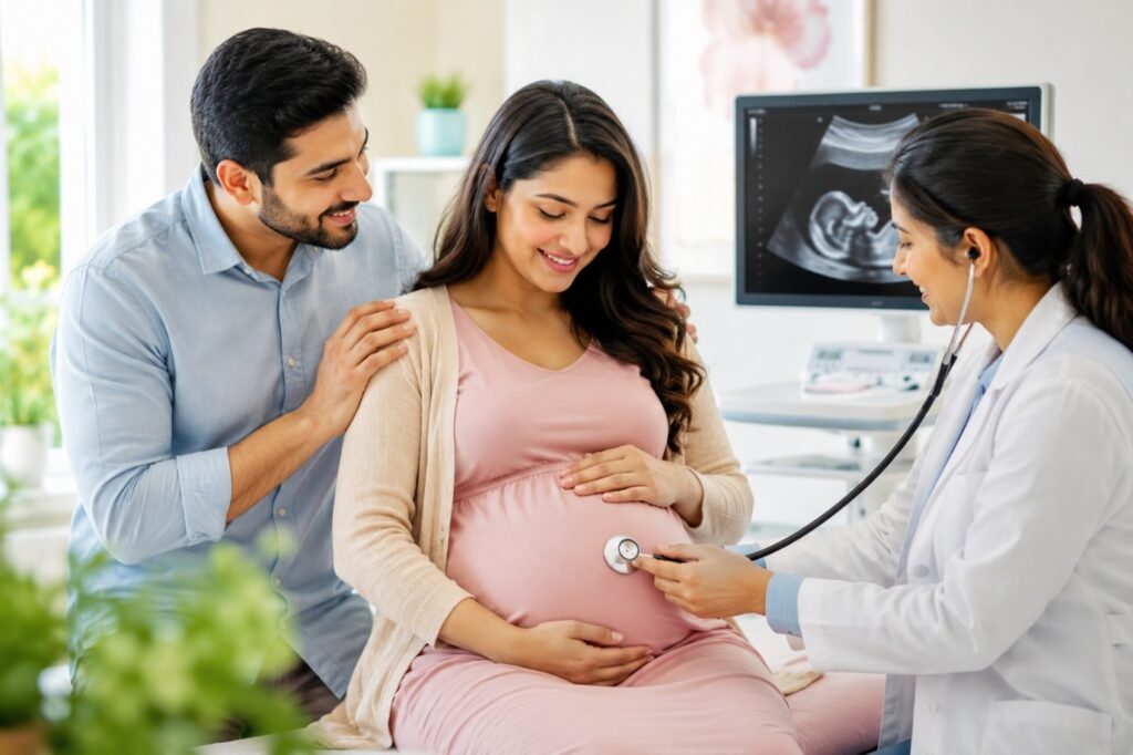 Pregnant woman attending a prenatal checkup with a gynecologist during pregnancy to monitor maternal and fetal health.