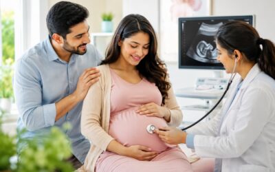Pregnant woman attending a prenatal checkup with a gynecologist during pregnancy to monitor maternal and fetal health.
