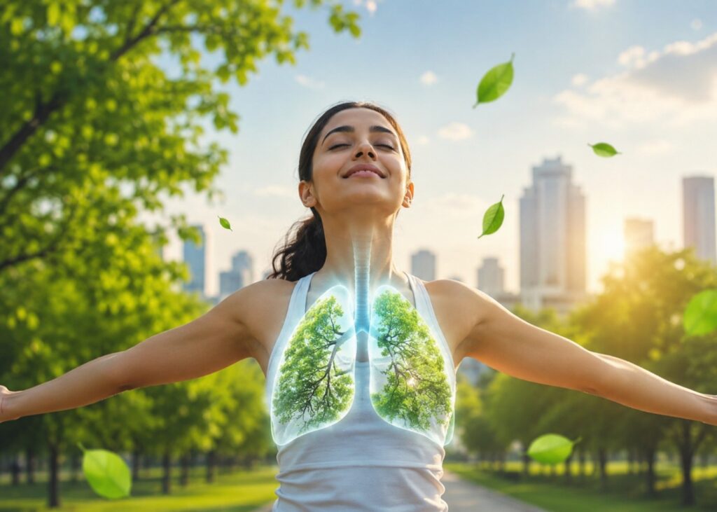 Woman breathing fresh air in a park with healthy lungs illustrated, highlighting the importance of protecting lung health from air pollution.