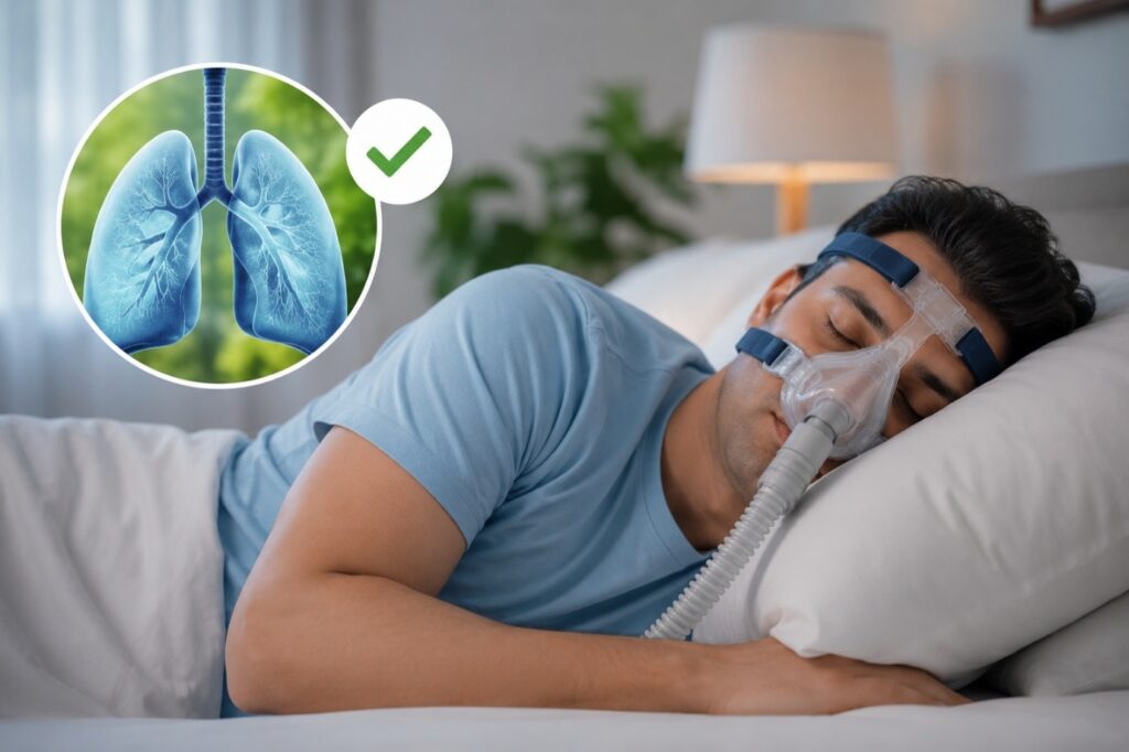 Man sleeping with a CPAP mask, illustrating sleep apnea treatment and the importance of healthy breathing during sleep.