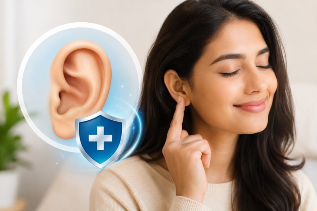 Doctor examining a patient with an ear infection using an otoscope to diagnose recurring ear infections and hearing problems.