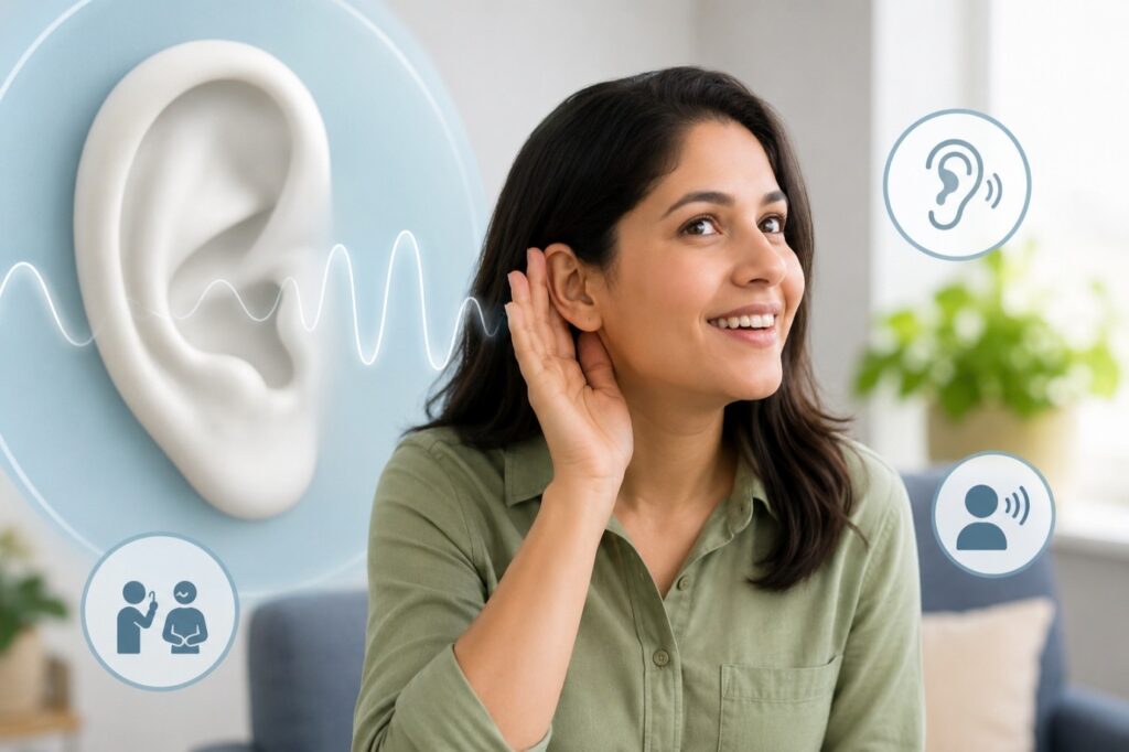 Woman cupping her ear to hear better, representing the warning signs of hearing loss and the importance of early hearing evaluation.