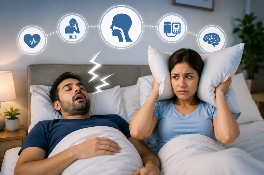 Man snoring while sleeping as his partner covers her ears, illustrating constant snoring and its possible link to sleep apnea.