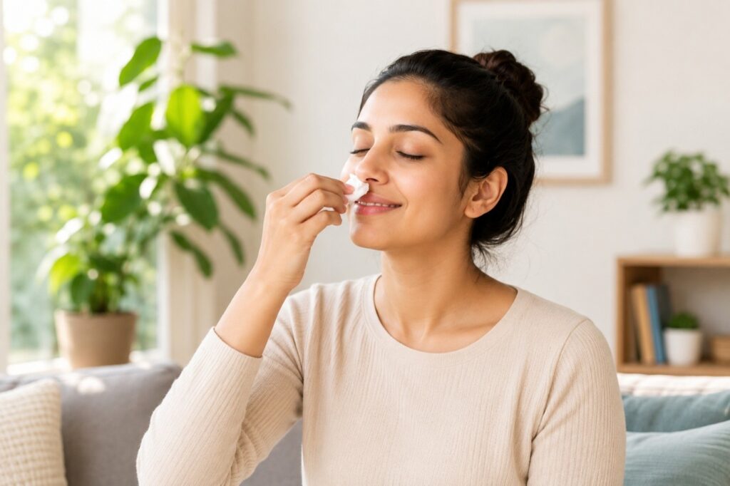 Woman gently caring for her nose, representing frequent nosebleeds in adults and the importance of early ENT evaluation.