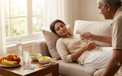 A middle-aged Indian man offers a glass of water to a woman resting on a sofa near a bright window, next to a table with fresh fruits, khichdi, soup, and prescribed medication representing malaria recovery.