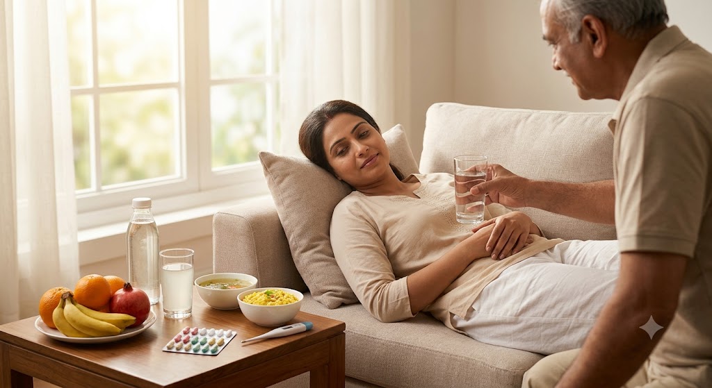 A middle-aged Indian man offers a glass of water to a woman resting on a sofa near a bright window, next to a table with fresh fruits, khichdi, soup, and prescribed medication representing malaria recovery.