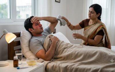 Young Indian man with recurring fever and chills resting at home before being diagnosed with malaria.