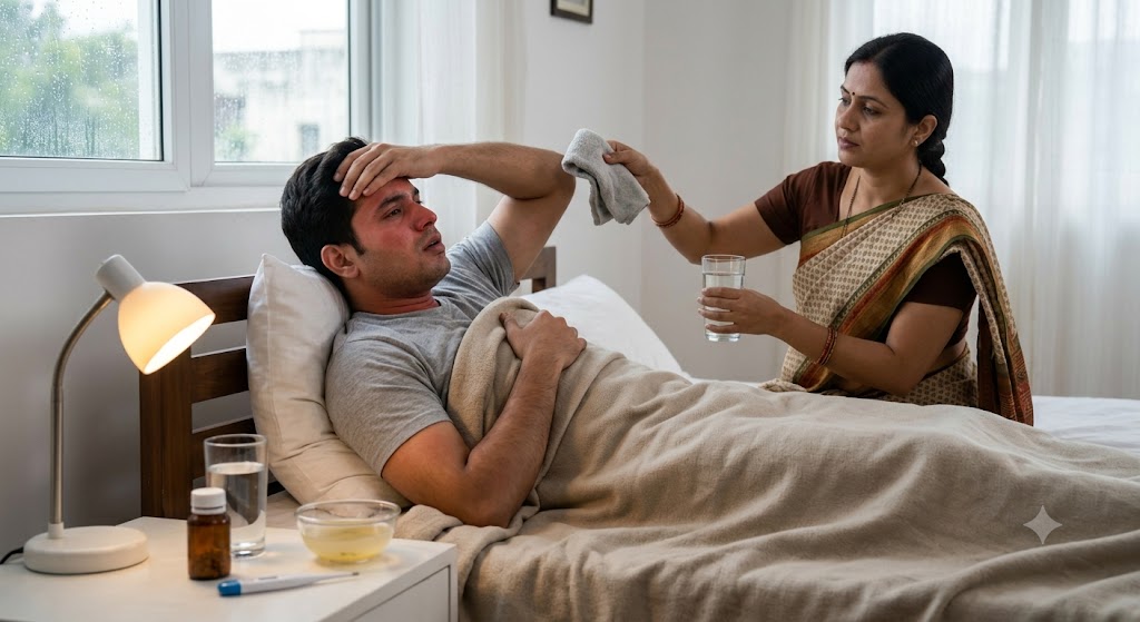 Young Indian man with recurring fever and chills resting at home before being diagnosed with malaria.