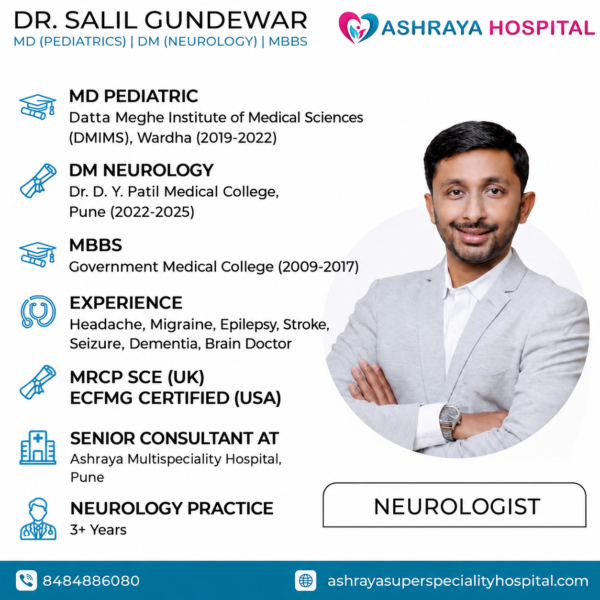 Dr. Salil Gundewar, Neurologist at Ashraya Multispeciality Hospital, Pune, with details of his medical education, experience, certifications, and neurology practice.